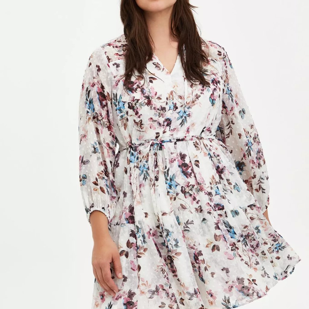 Torrid Ivory Floral Chiffon Clip Dot Skater Dress